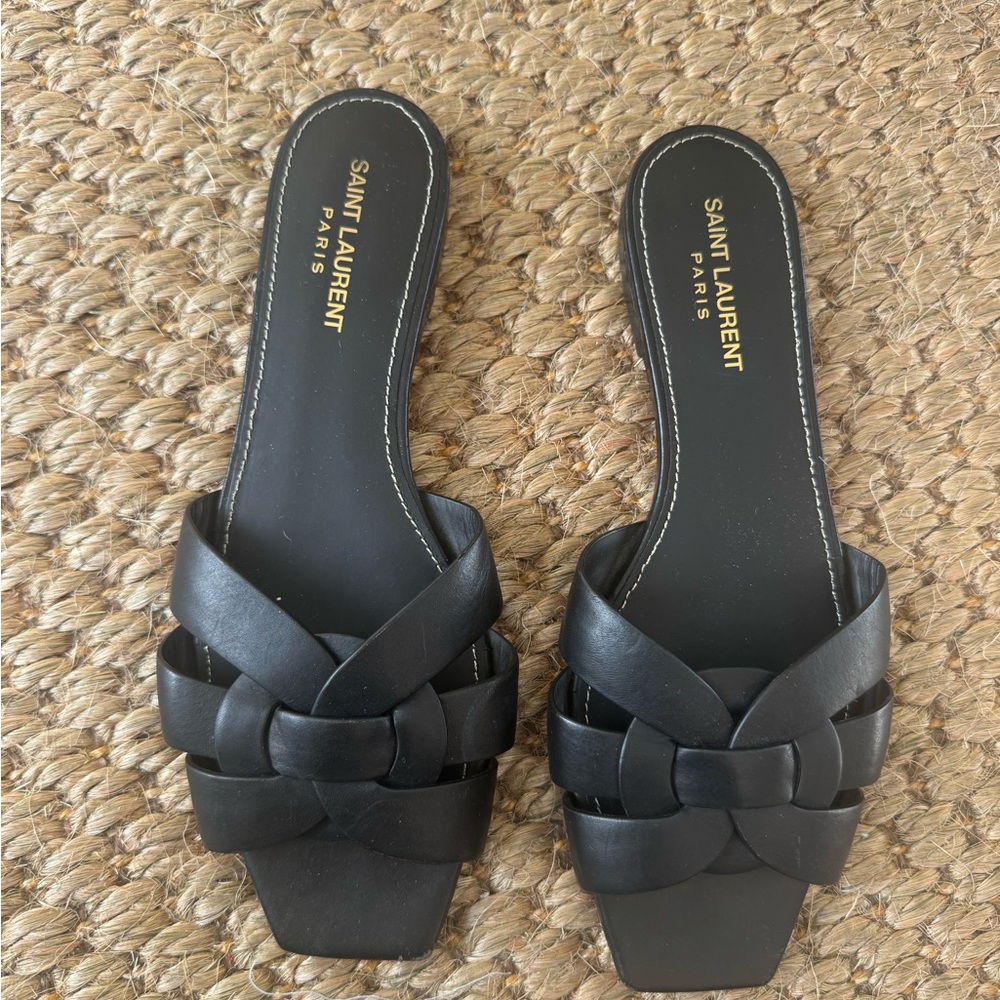 Saint Laurent Black Sandals with Braided Design and Open-Toe Style